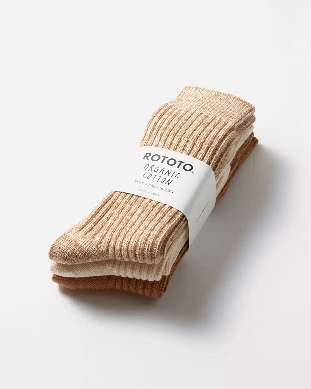 RoToTo Organic Daily 3 Pack Socks - Ecru/Brown