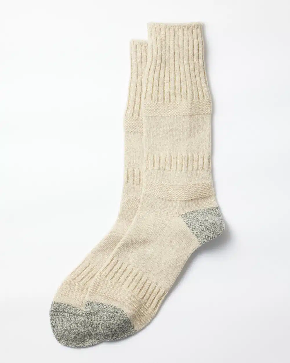 RoToTo Guernsey Pattern Crew Socks - Light Beige/Grey